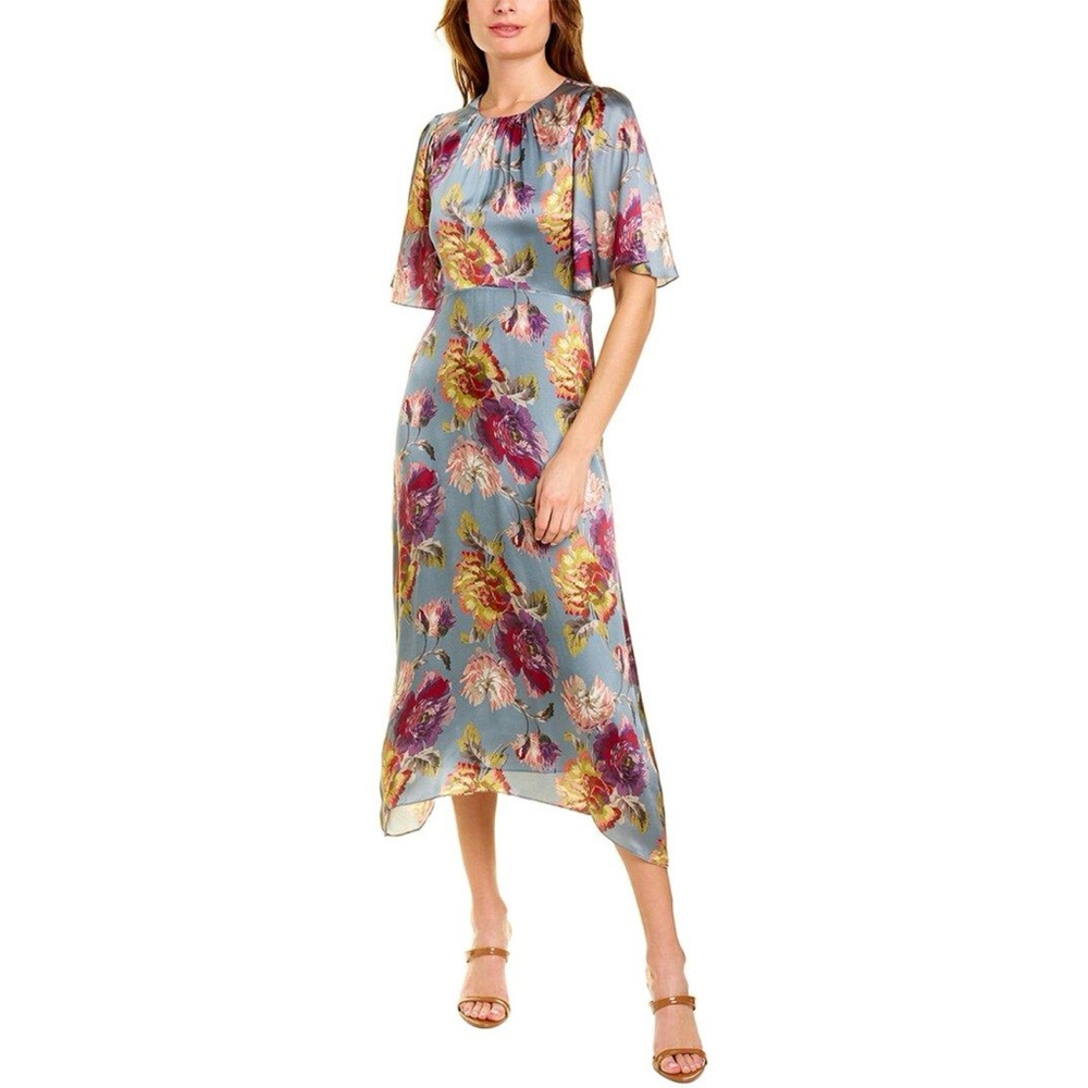 Rebecca Taylor Fleur Satin Midi Dress Blue Floral Silk Flutter Sleeve Blouson 2